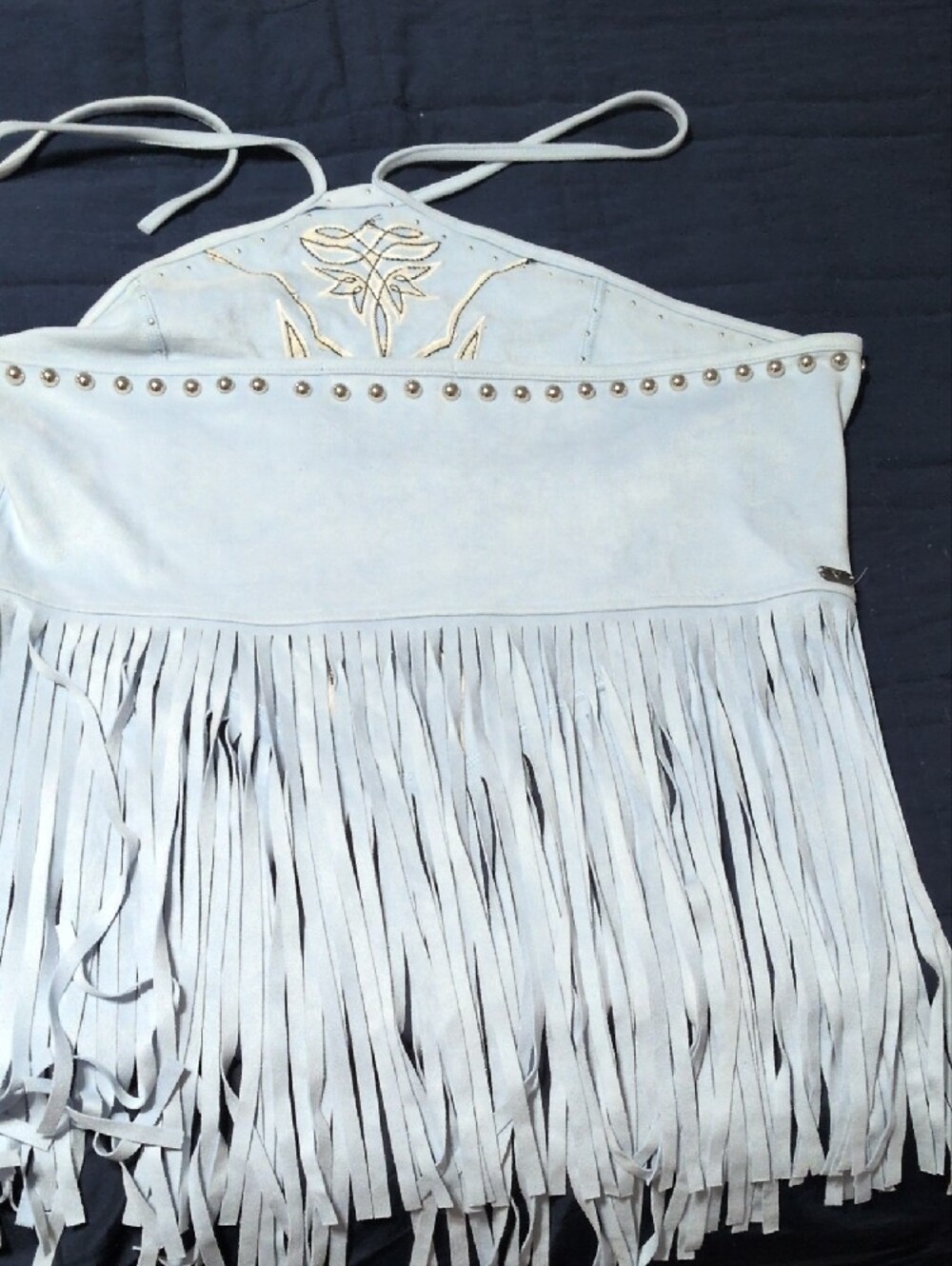Lucky & Blessed Pale Blue Suede Embroidered Fringe Halter - Picture 3 of 4